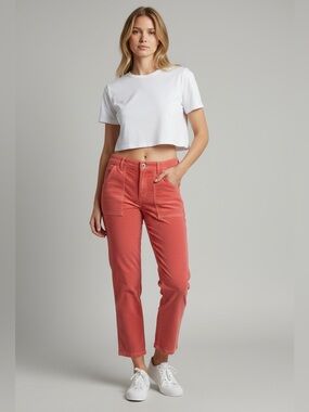 Pistola Erin High Rise Crop Pants Utility Straight Leg Coral Red Patch Pocket